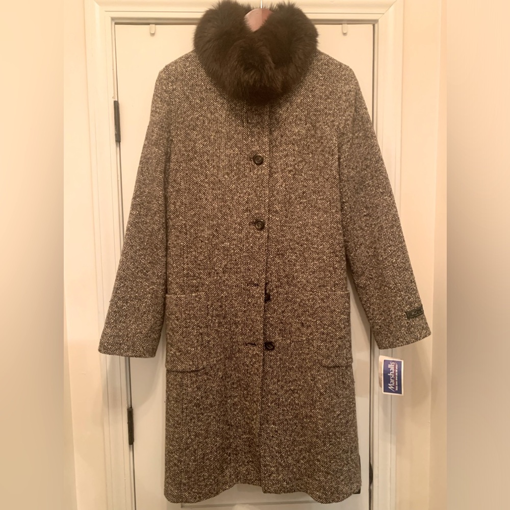Brown tweed dress coat, fur around the collar